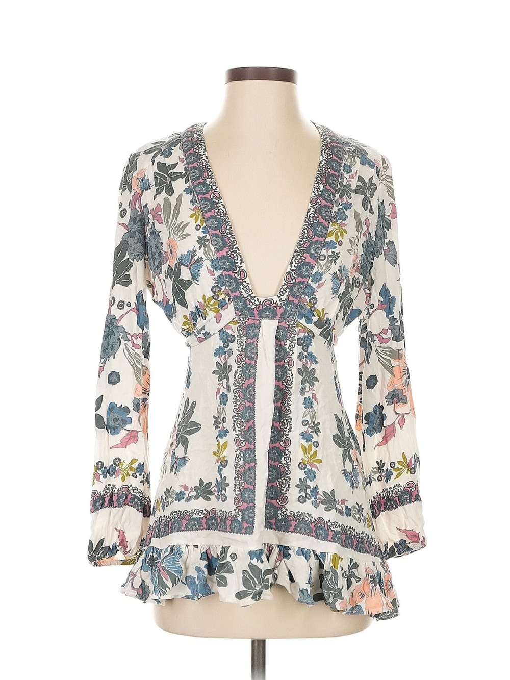 Free People Cream Blouse with Blue & Pink Floral Print